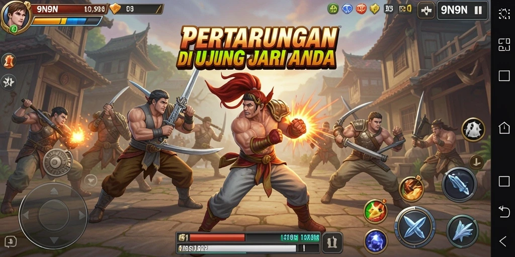 Screenshot utama 9N9N menampilkan aksi pertarungan yang seru.