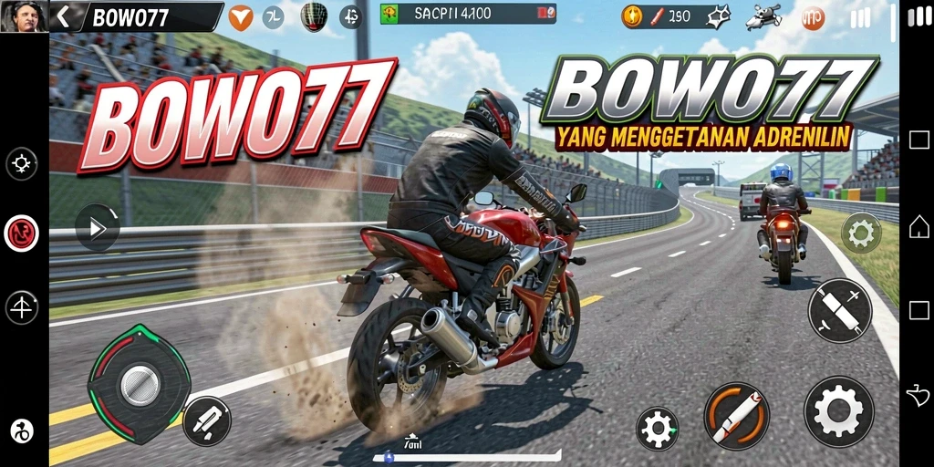 Tampilan gameplay menarik dari <strong>BOWO77</strong> dengan balapan motor yang cepat.