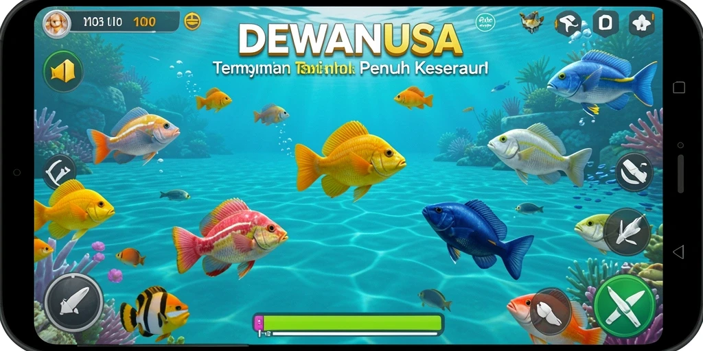Screenshot utama DEWANUSA menunjukkan gameplay tembak ikan yang seru.
