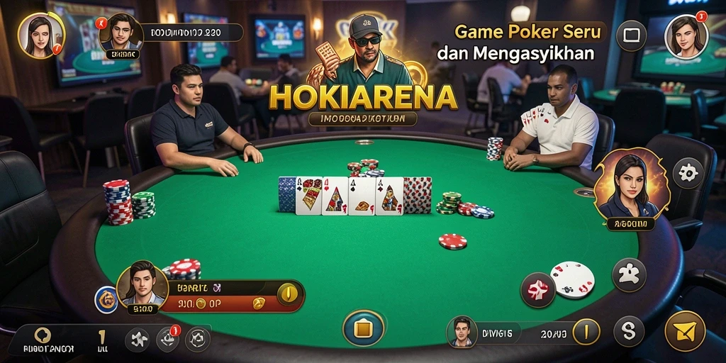 Screenshot menampilkan gameplay seru HOKIARENA dengan pemain berkompetisi di meja poker.