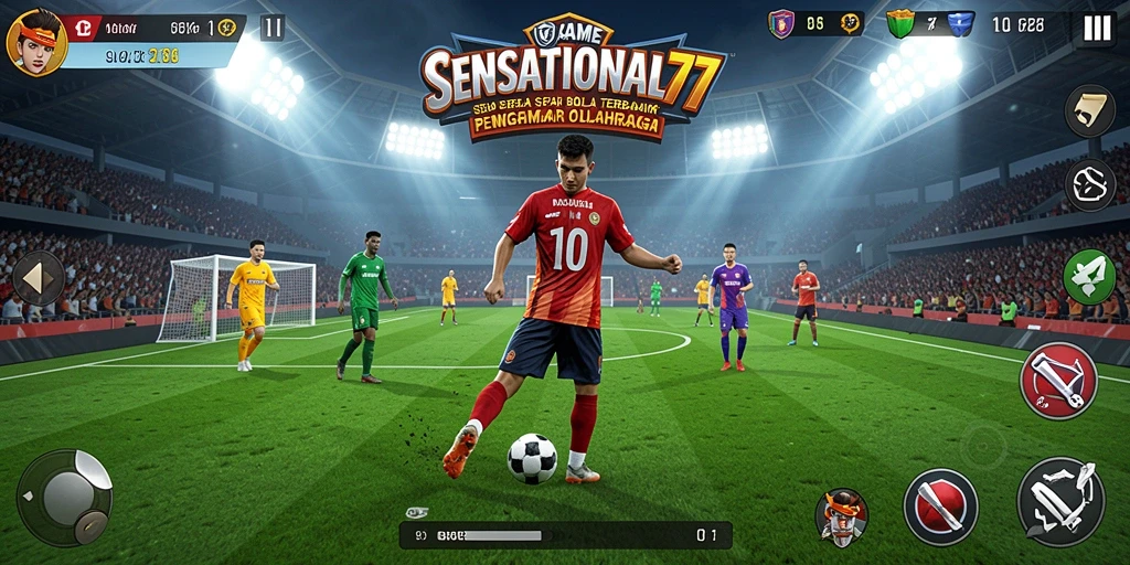 Screenshot gameplay SENSATIONAL77 menampilkan aksi seru di lapangan sepak bola.