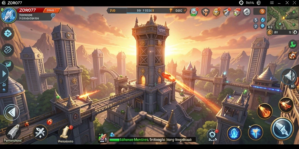 Screenshot gameplay ZORO77 yang menunjukkan pertahanan menara yang penuh aksi.